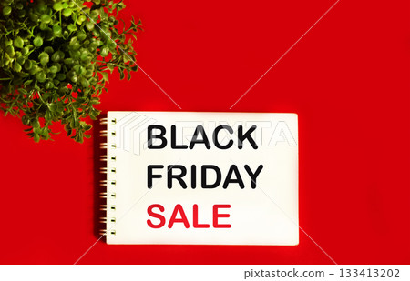 Black Friday sale on notepad and red background with green plant 133413202