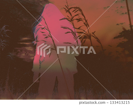 Female silhouette in a grass. A digital artwork featuring a woman walking through meadow. Dreamy work, wall art. Surreal poster ideas. Female silhouette in a grass. A digital artwork featuring a woman walking through meadow. Dreamy work, wall art. Surreal poster ideas. 133413215