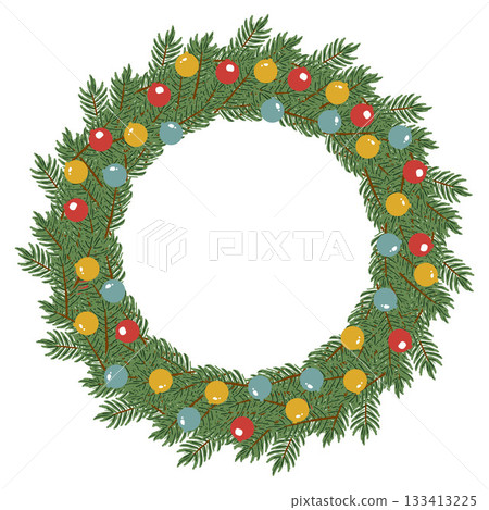 Wreath with green leaves and red, yellow, and blue balls on a white background. Wreath with green leaves and red, yellow, and blue balls on a white background. 133413225