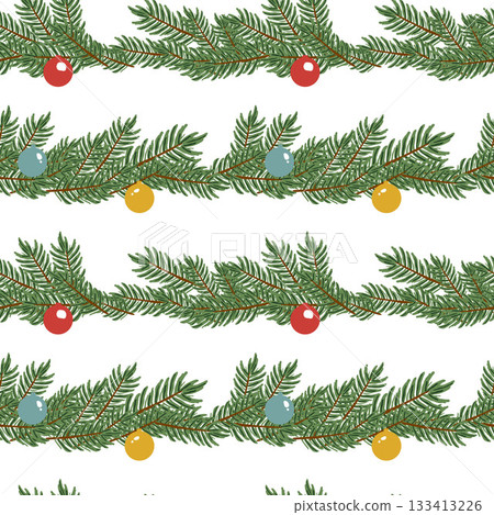 Seamless pattern christmas tree with red, yellow, and blue balls on a white background. Seamless pattern christmas tree with red, yellow, and blue balls on a white background. 133413226