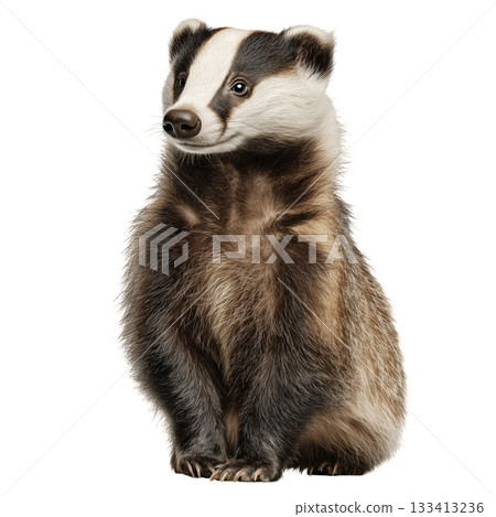 Badger Sitting Calmly With Distinctive Fur in a Neutral Setting 133413236