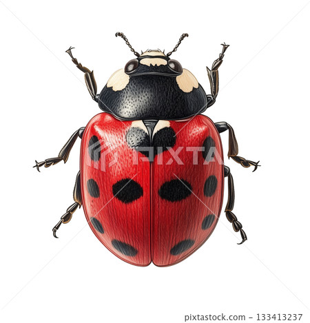 Bright Red Ladybug With Black Spots Resting on a White Background 133413237