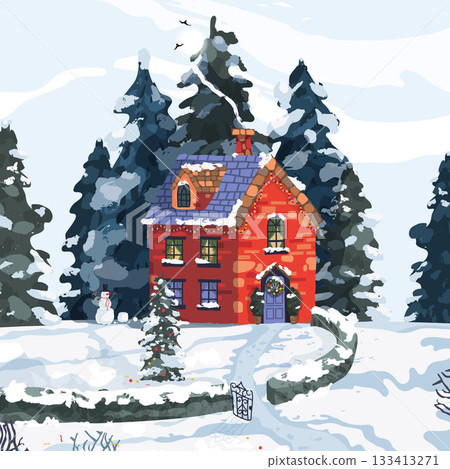 A red house with a blue roof and a chimney. The house is surrounded by trees and snow. A red house with a blue roof and a chimney. The house is surrounded by trees and snow. 133413271