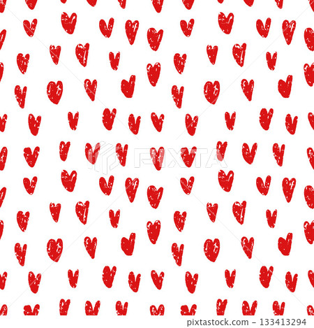 Seamless pattern of red hearts on a white background. The hearts are drawn in a crayon style. Seamless pattern of red hearts on a white background. The hearts are drawn in a crayon style. 133413294