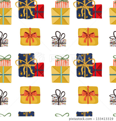 Seamless pattern of presents with bows on them on a white background. Seamless pattern of presents with bows on them on a white background. 133413319
