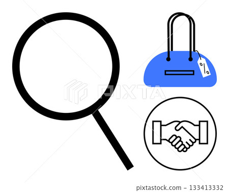 Magnifying glass, handshake, and blue handbag with price tag. Ideal for e-commerce, marketing, retail, customer service, partnership business agreements sales. Line metaphor Magnifying glass, handshake, and blue handbag with price tag. Ideal for e-commerce, marketing, retail, customer service, partnership business agreements sales. Line metaphor 133413332