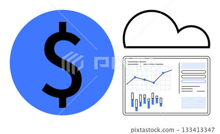 Dollar symbol highlights financial focus, with cloud representing cloud computing. Graphs, charts emphasize data analysis and trends. Ideal for finance, cloud technology, data science, analytics 133413347