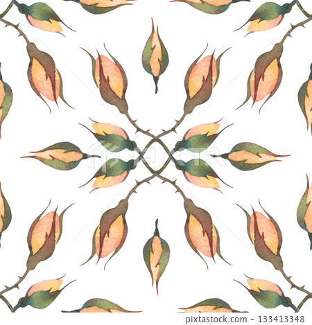 A seamless pattern of orange roses buds in a vintage style. Watercolor illustration hand drawn and isolated on a white background. Perfect for decorating packaging, wrapping paper, textiles, and more A seamless pattern of orange roses buds in a vintage style. Watercolor illustration hand drawn and isolated on a white background. Perfect for decorating packaging, wrapping paper, textiles, and more 133413348