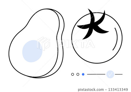 Avocado with cut detail beside tomato with stylized stem and minimalist progress indicators. Ideal for healthy eating, nutrition, modern lifestyle, wellness, minimal design, digital interfaces Avocado with cut detail beside tomato with stylized stem and minimalist progress indicators. Ideal for healthy eating, nutrition, modern lifestyle, wellness, minimal design, digital interfaces 133413349