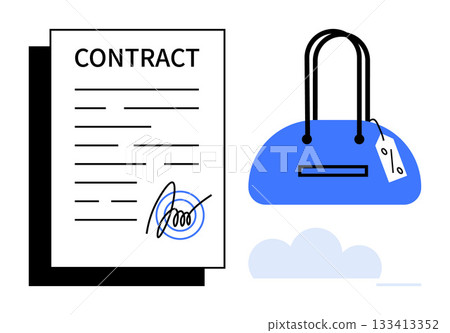 Contract document with signature and blue seal, handbag with price tag, and abstract elements and shadows. Ideal for legal agreements, business transactions, purchasing deals, commerce, online 133413352