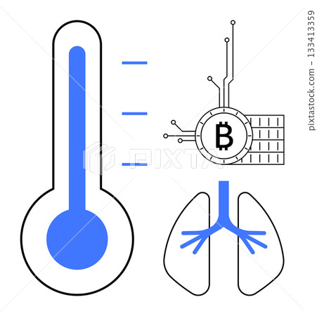 Combination of a thermometer, electronic bitcoin symbol and lungs in blue and black. Ideal for technology health fintech cryptocurrency medicine analytics wellness AI. Flat modern vector Combination of a thermometer, electronic bitcoin symbol and lungs in blue and black. Ideal for technology health fintech cryptocurrency medicine analytics wellness AI. Flat modern vector 133413359