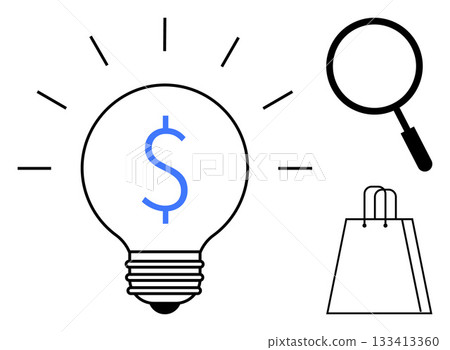 Lightbulb with blue dollar sign, magnifying glass, and shopping bag. Ideal for business, finance, ideas, analysis, research marketing and e-commerce. Line metaphor 133413360