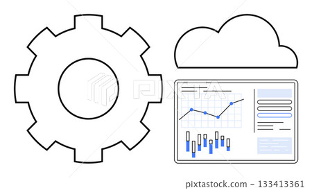 Gear symbol, cloud icon, and performance dashboard with line and bar charts representing data analytics and cloud computing. Ideal for technology, data management, automation, cloud services 133413361