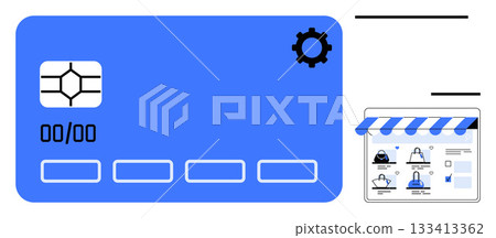 Credit card with security chip and gear icon beside an e-commerce storefront interface. Ideal for online shopping, digital security, e-commerce solutions, virtual markets, payment processing 133413362