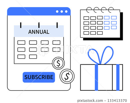Interface featuring an annual subscription calendar, subscribe button, and payment icons. Calendar with marked dates. Present with blue ribbon. Ideal for membership, payment, rewards, reminders Interface featuring an annual subscription calendar, subscribe button, and payment icons. Calendar with marked dates. Present with blue ribbon. Ideal for membership, payment, rewards, reminders 133413370