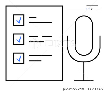 Checklist with blue checkmarks for podcast recording tasks beside a black microphone icon. Ideal for content creation, organization, productivity, task management, podcast planning, creative 133413377