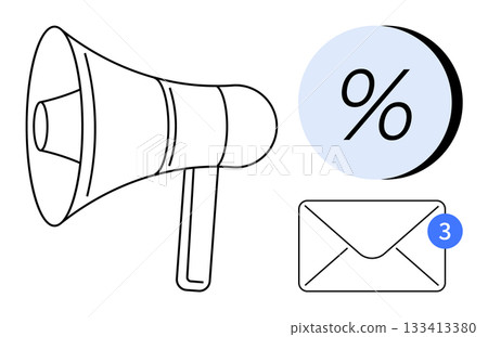 Megaphone for announcements, percentage symbol for discounts, and an email envelope with notification badge. Ideal for marketing, promotions, advertising, communications, sales, email campaigns Megaphone for announcements, percentage symbol for discounts, and an email envelope with notification badge. Ideal for marketing, promotions, advertising, communications, sales, email campaigns 133413380