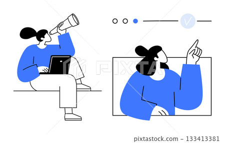 Person sitting with a laptop and telescope, another pointing at digital interface elements. Ideal for business strategy, technology, education, remote work, innovation, exploration, project 133413381