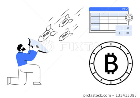 Man uses shield to protect against incoming DDoS missiles, near a spreadsheet with currency symbols, next to Bitcoin symbol. Ideal for cybersecurity, financial security, cryptocurrency, risk 133413383