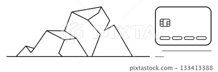 Geometric mountains juxtaposed with a credit card, signifying financial stability and growth. Ideal for finance, savings, investments, security, stability, nature strategic planning. Line metaphor 133413388
