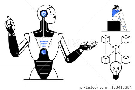 Futuristic robot presenting technological ideas. Woman reading book on a block, blockchain structure, lightbulb symbolizing innovation. Ideal for technology, AI, innovation, education, blockchain Futuristic robot presenting technological ideas. Woman reading book on a block, blockchain structure, lightbulb symbolizing innovation. Ideal for technology, AI, innovation, education, blockchain 133413394