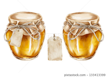 Watercolor illustration set glass jar with golden honey sealed with kraft paper and tied with string blank hanging label. for food and tea packaging cosmetics rustic branding eco-friendly products. Watercolor illustration set glass jar with golden honey sealed with kraft paper and tied with string blank hanging label. for food and tea packaging cosmetics rustic branding eco-friendly products. 133413399