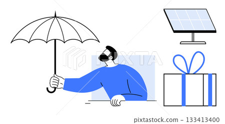 Man holding an umbrella, adjacent to a solar panel and a gift box. Ideal for themes of protection, sustainability, innovation, renewable energy, gifts, security weather. Line metaphor 133413400