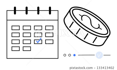 Calendar with check mark and dollar coin illustrating financial planning, scheduling, deadlines, budgeting, and time management. Ideal for business, finance, organization, productivity personal Calendar with check mark and dollar coin illustrating financial planning, scheduling, deadlines, budgeting, and time management. Ideal for business, finance, organization, productivity personal 133413402