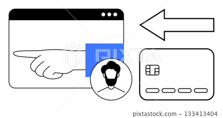 Hand pointing towards credit card with digital interface, user avatar, and left arrow. Ideal for online transactions, e-commerce, user verification, financial apps, digital identity, payment Hand pointing towards credit card with digital interface, user avatar, and left arrow. Ideal for online transactions, e-commerce, user verification, financial apps, digital identity, payment 133413404