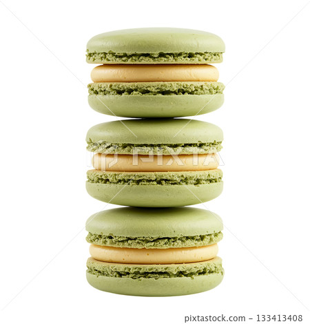 Delicious Green Macarons Stacked in a Neat Arrangement on a Plain Background 133413408