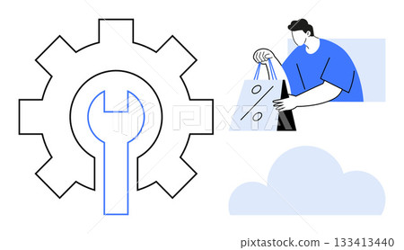 Gear with wrench represents maintenance, man holding shopping bags indicates discount shopping, cloud signifies cloud computing. Ideal for technology, e-commerce, shopping, discounts, cloud services Gear with wrench represents maintenance, man holding shopping bags indicates discount shopping, cloud signifies cloud computing. Ideal for technology, e-commerce, shopping, discounts, cloud services 133413440