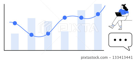 Woman with laptop analyzing line and bar charts speech bubble indicating communication. Ideal for data analysis, business presentations, market research, financial reports, academic studies 133413441