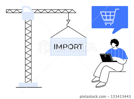 Crane lifting an import container, person using laptop, shopping cart symbol. Ideal for logistics, commerce, international trade, e-commerce, supply chain, business strategy, global market. Line Crane lifting an import container, person using laptop, shopping cart symbol. Ideal for logistics, commerce, international trade, e-commerce, supply chain, business strategy, global market. Line 133413443