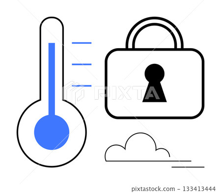 Blue thermometer indicating temperature levels next to a locked padlock symbol and a simple cloud. Ideal for cybersecurity, data protection, smart home technology, climate control, weather apps 133413444