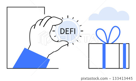 Hand holding a DEFI coin with a stylized gift box and cloud. Ideal for finance, rewards, investments, blockchain, decentralization, online services, promotional materials. Line metaphor Hand holding a DEFI coin with a stylized gift box and cloud. Ideal for finance, rewards, investments, blockchain, decentralization, online services, promotional materials. Line metaphor 133413445