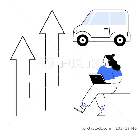 Woman using laptop, sitting on a bench, next to upward arrows and a car. Ideal for technology, work-life balance, mobility, remote work, future trends, career growth, business success themes. Line 133413446