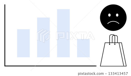 Bar chart displays descending bars, indicating declining sales, while sad face and shopping bag accentuate the theme. Ideal for business analysis, economic downturns, sales reports, market trends 133413457