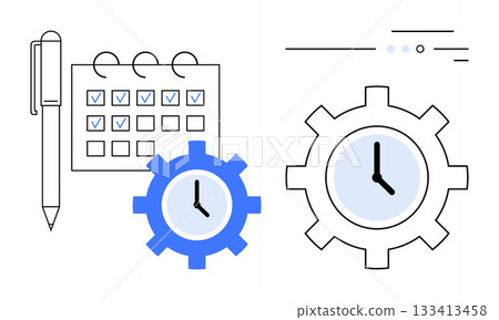 Pen next to checked calendar, two clock gears with time symbols and abstract lines. Ideal for business planning, productivity tools, project management, time-tracking, organization, scheduling Pen next to checked calendar, two clock gears with time symbols and abstract lines. Ideal for business planning, productivity tools, project management, time-tracking, organization, scheduling 133413458