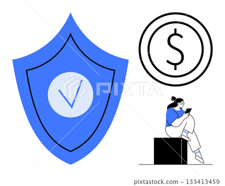 Large blue shield with checkmark, black dollar symbol, woman using a tablet. Ideal for digital security, financial protection, online banking, personal finance apps, tech communications, fintech Large blue shield with checkmark, black dollar symbol, woman using a tablet. Ideal for digital security, financial protection, online banking, personal finance apps, tech communications, fintech 133413459