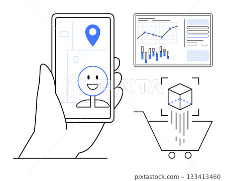 Hand holding smartphone with location pin and happy face, analytics dashboard with graphs and charts, augmented reality shopping cart. Ideal for mobile apps, data analysis, e-commerce, augmented Hand holding smartphone with location pin and happy face, analytics dashboard with graphs and charts, augmented reality shopping cart. Ideal for mobile apps, data analysis, e-commerce, augmented 133413460