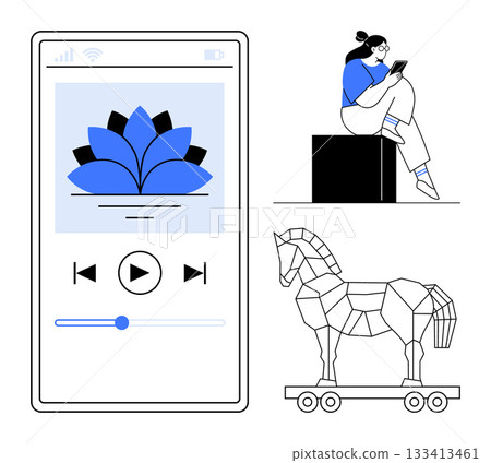 Phone screen with music player app featuring play button and lotus icon, person sitting on a box using a tablet, geometric Trojan horse. Ideal for tech, music, relaxation, education, cybersecurity Phone screen with music player app featuring play button and lotus icon, person sitting on a box using a tablet, geometric Trojan horse. Ideal for tech, music, relaxation, education, cybersecurity 133413461