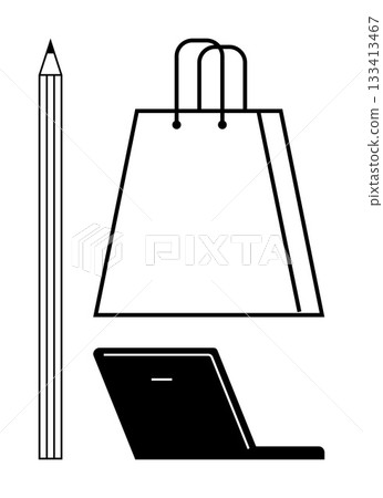 Pencil alongside a shopping bag and open laptop. Ideal for online shopping, e-commerce, office work, creative projects, digital marketing, business planning, and education themes. Line metaphor 133413467