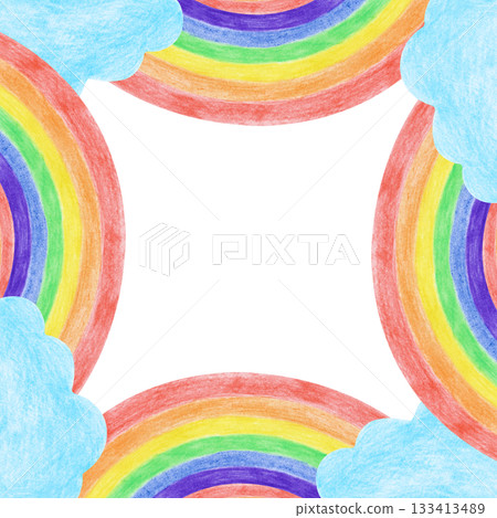 Multi-colored square frame with rainbow and clouds. Drawing with colored pencils. A bright children's template with an empty place to insert. 133413489