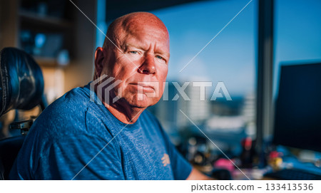 Serious Bald Man in Office Setting 133413536