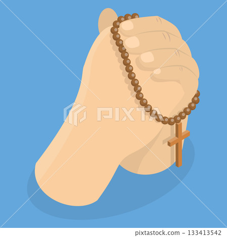 3D Isometric Flat Vector Illustration of Prayer, Hands Of A Person Holding Brown Rosary Beads And Cross Carved From Wood 3D Isometric Flat Vector Illustration of Prayer, Hands Of A Person Holding Brown Rosary Beads And Cross Carved From Wood 133413542