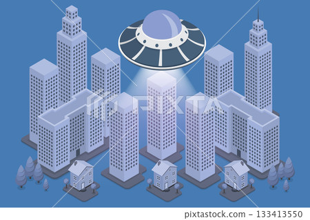 3D Isometric Flat Vector Illustration of UFO, Alien Spaceship With Light Beams In City Night Sky 3D Isometric Flat Vector Illustration of UFO, Alien Spaceship With Light Beams In City Night Sky 133413550