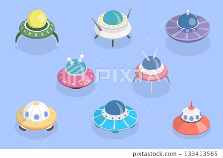 3D Isometric Flat Vector Set of Spaceships, UFOs With Light Rays In Night City Sky 133413565