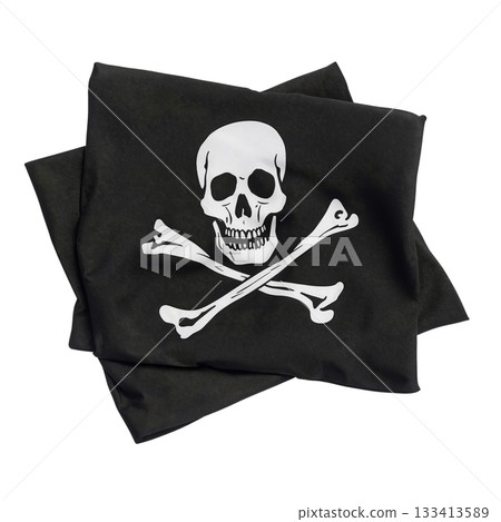 Jolly Roger Flag With Skull and Crossbones Design Hanging in Outdoor Setting 133413589