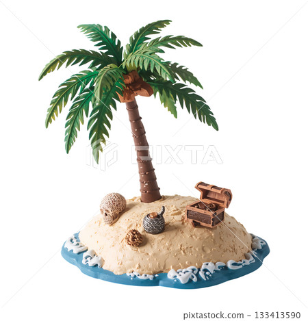 Small Tropical Island Setup With Palm Tree and Treasure Chest on Sandy Shore 133413590
