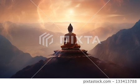 Buddha sitting serenely on mountain peak at sunset Buddha sitting serenely on mountain peak at sunset 133413788